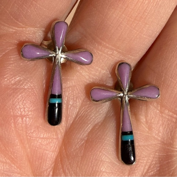 Vintage Native American Zuni Mosaic stone sterling silver cross earrings